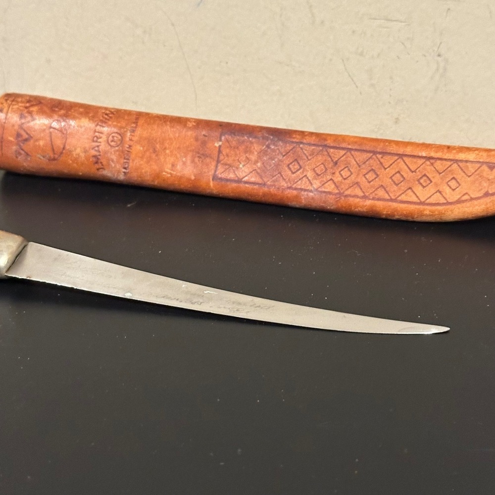 Vintage J Marttiini Finland Fillet Knife Stainless Steel Birch Leather Sheath